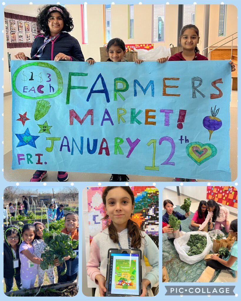 Elementary schoolers prepared Farmers Market to sell garden harvest at school.