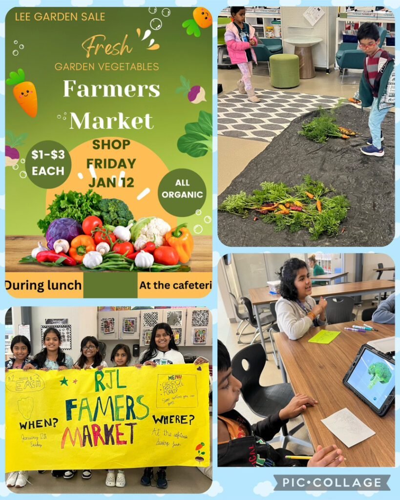 Elementary schoolers made a flyer, banner, and signs for the Farmers Market. Kindergarteners sorted carrots by size.